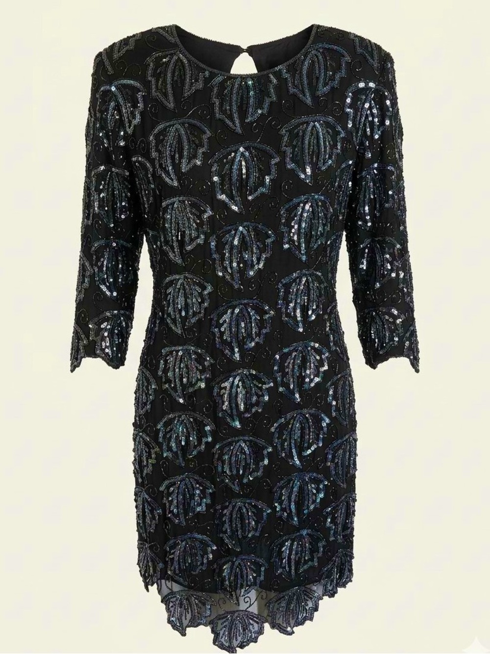Vtg CC Courtenay Silk Sequin Beaded Dress Black Iridescent Open Back Mini M
